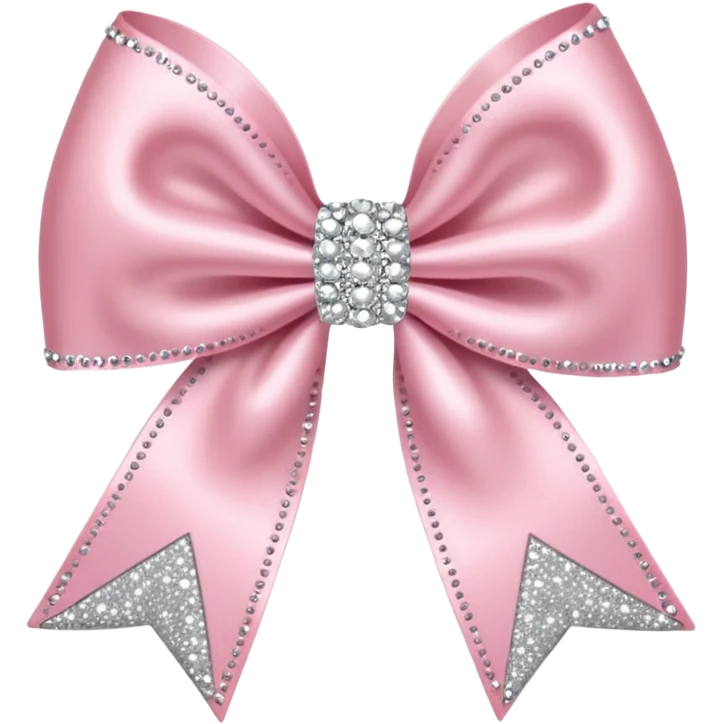 Cutesy pink bow emoji. Shiny baby pink satin ribbon. It's silver glitter sparkles on it. Shiny with rhinestones and shadowed to look three-dimensional emoji