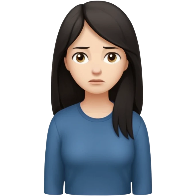 "Cartoon emoji of a woman with long, loose dark hair, wearing plain, simple clothes. Full-height, standing, nervous, unsure, worried expression. Slightly hunched, anxious posture. Smooth, simple, stylized."Eyes looking down or away, avoiding direct contact emoji
