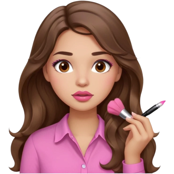 girl with long wavy brown hair, brown eyes, light to medium complexion, in a pink shirt, pink lips, long lashes, puckered lips, putting on blush emoji