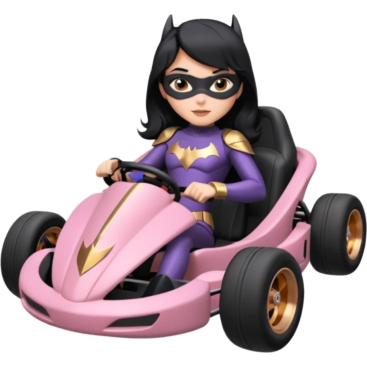 Hot full size real-appearance enclosed electric racing action BatGirl’s feminine midnight-colored tight outfit sixty’s tv show 1992 dark stealthy sporty safe plush petite off-road pursuit cruiser car rose gold accents (black hair,reclined and relaxed torso and shoulders seating position) go kart  emoji
