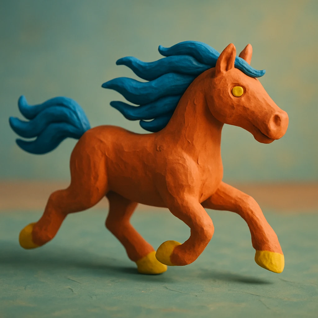 horse running with flowing mane, vibrant colors, soft lighting, claymation style emoji