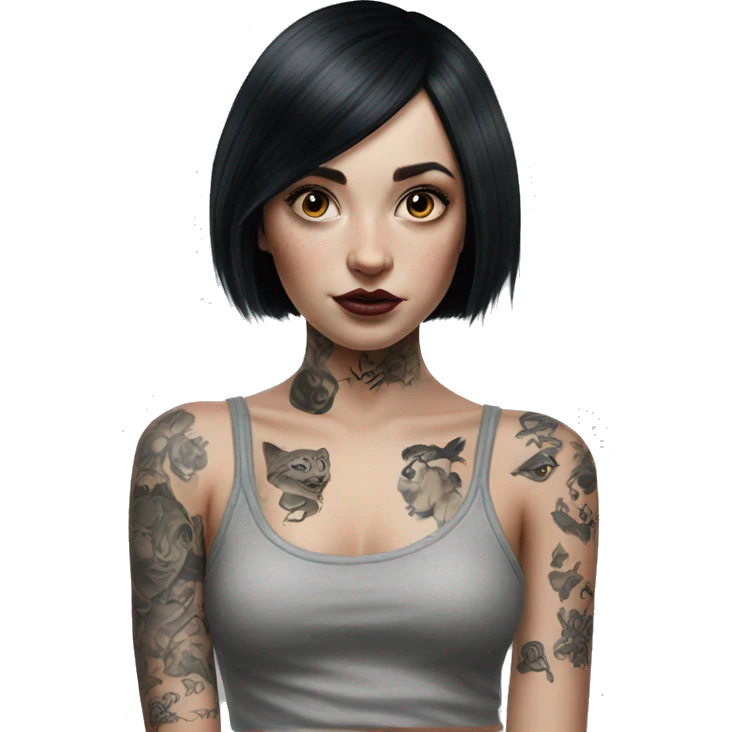 Hyperrealistic Pale girl with black hair arm tattoos emoji