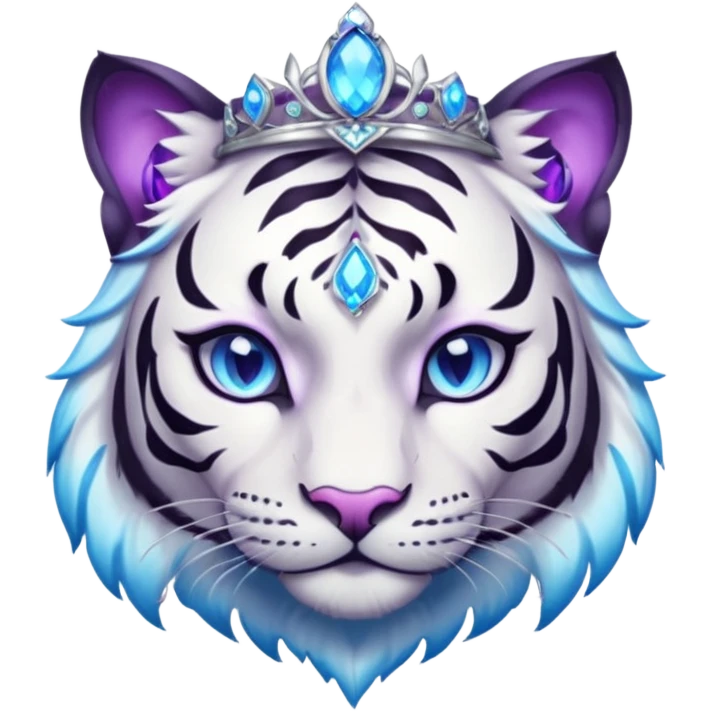 ESO Female white/black tiger khajiit leader of the umbral rose, glowing blue eyes, glowing blue 'third eye' gem; purple gem silver tiara emoji