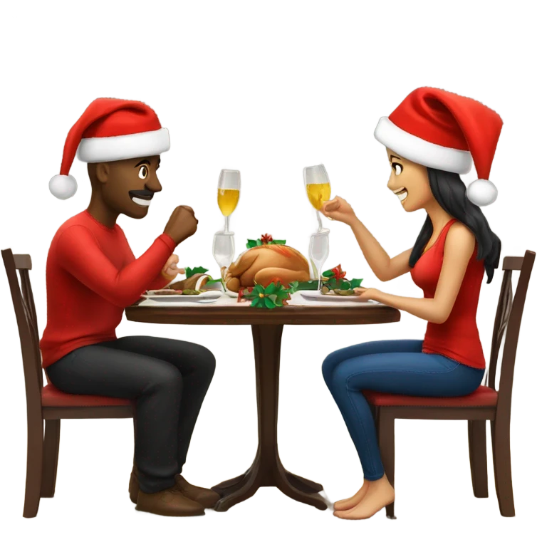 emoji Sports couple , a man and a woman in sportswear, sitting at the Christmas dinner table with a red Christmas hat emoji