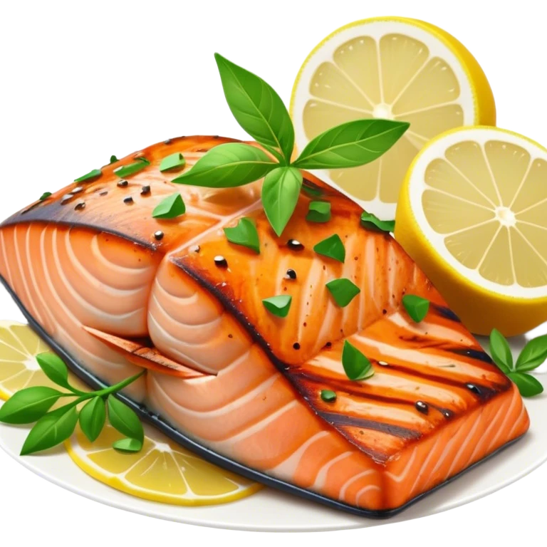 Cinematic perfectly grilled salmon, rich orange hues with crispy skin, garnished with fresh herbs, drizzled with lemon, ultra-detailed and delicious. emoji