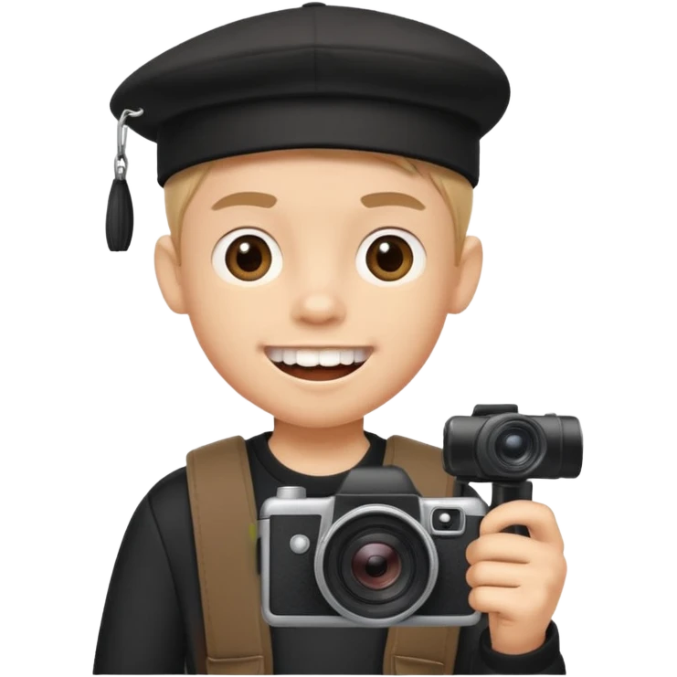 cartoon schoolboy with black cap prominent front teeth holding a camera in his hand emoji