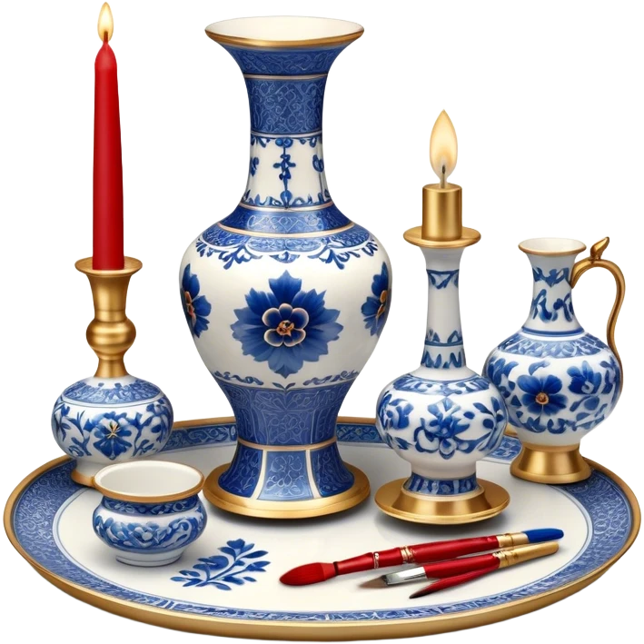 Metal painting icon, a metal vase, tray, and candlestick, each decorated with different techniques: Gzhel-style blue floral patterns, Chinese red and gold designs, and intricate Golden embroidery-style details. Visible fine paintbrush, paint pots, and accessories like porcelain palette, minimalistic style, clean lines, transparent background. emoji