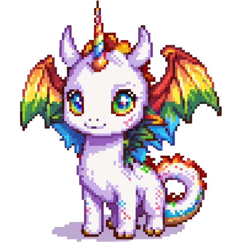cute dragon with big eyes, rainbow wings, and unicorn horn, simple background emoji