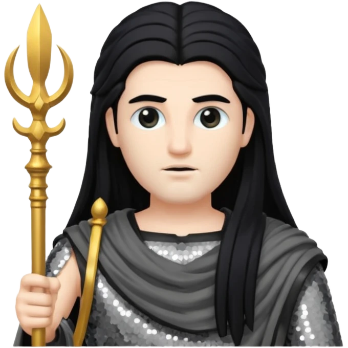 Saturn Time God with long black hair, dark grey sequin toga emoji