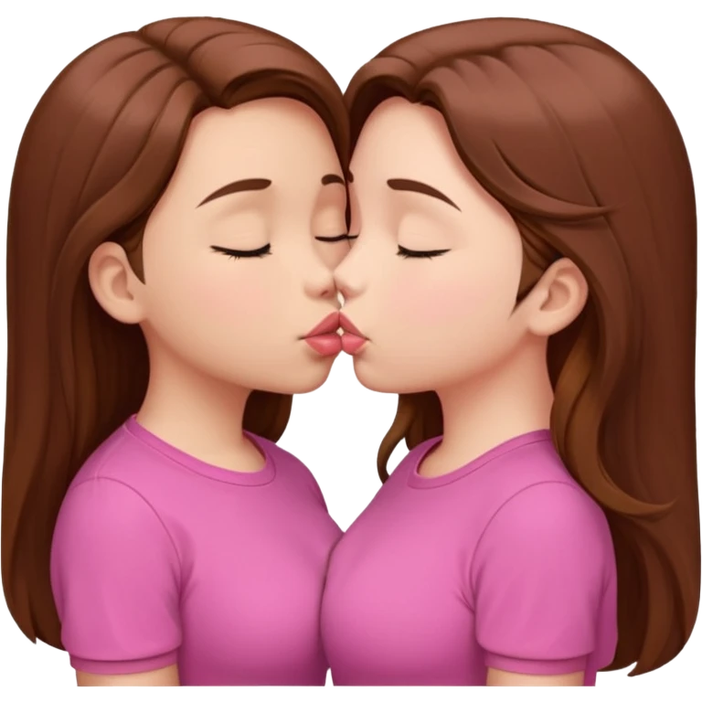 two 5 year old gals about to kiss on the lips, lips extremely close but not touching, pink shirts, long brown hair, biggest boobs in the world, eyes closed emoji