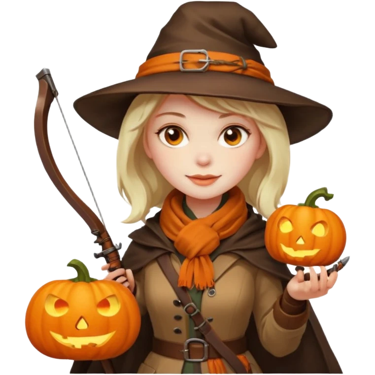 female human monster hunter emoji, wearing brown coat and hat, holding crossbow, soft smile, scarf, glowing pumpkin by her side, Halloween fantasy style, clean vector Apple emoji look, bright colors, white background, square emoji