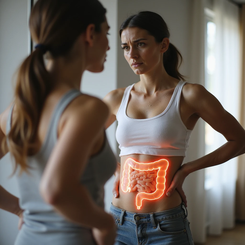 adult woman, photorealistic, intestinal problems, standing in front of mirror, intestine illustrated in transparency on abdomen, discomfort expression, natural light, bathroom background emoji