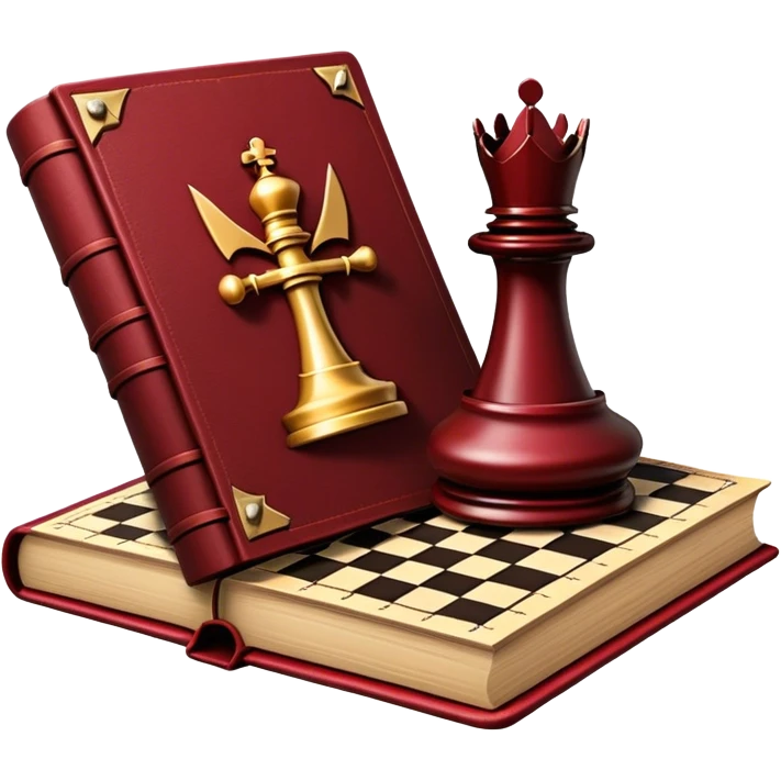 A dark crimson red book with black and gold details, a rugged leather texture, and an emblem of crossed swords, a knight chess piece, radiating strategy, discipline, and the art of power number 33 emoji