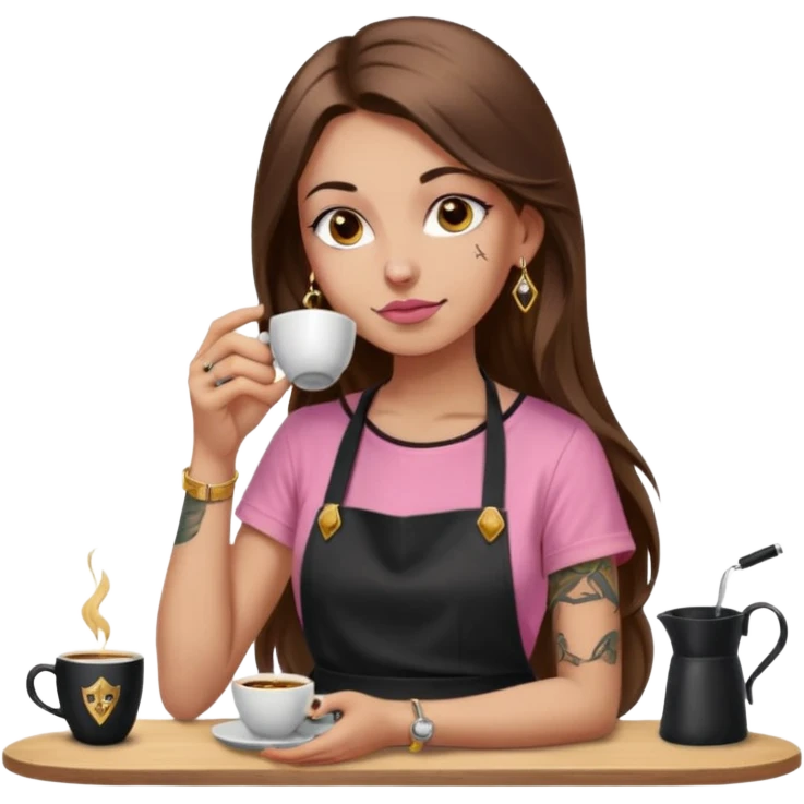 Fille cheveux long châtain, peau beige type européen, teeshirt rose avec un tablier noir, piercing au nez anneau doré, boucle d’oreille diamant doré. Elle boit un café. tatouage à la gorge  emoji