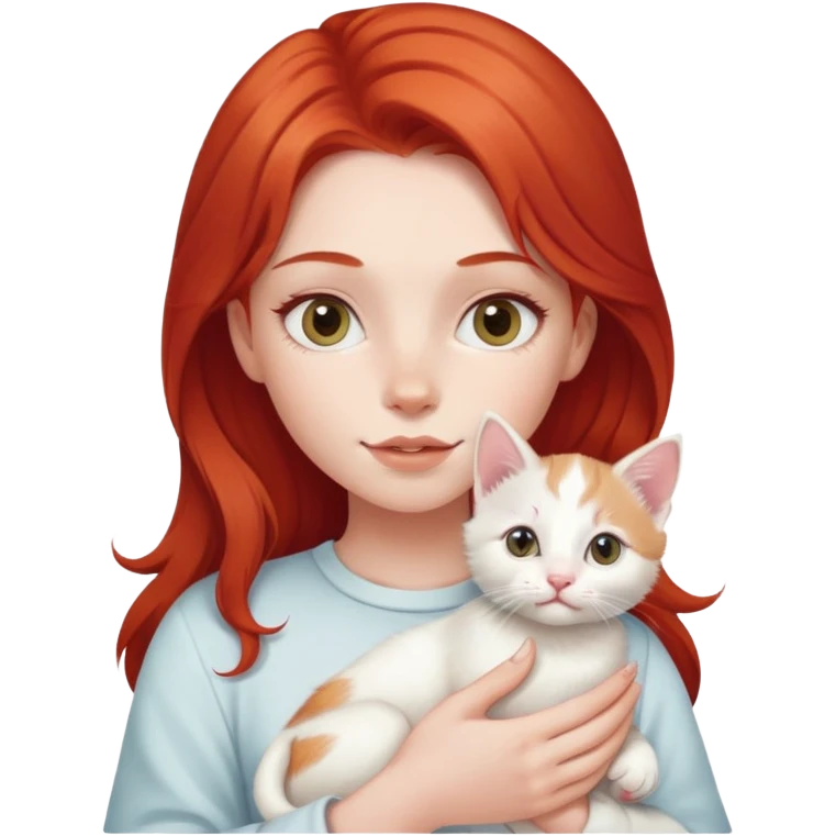 A girl with red hair and fair skin is holding a milky-white kitten. emoji