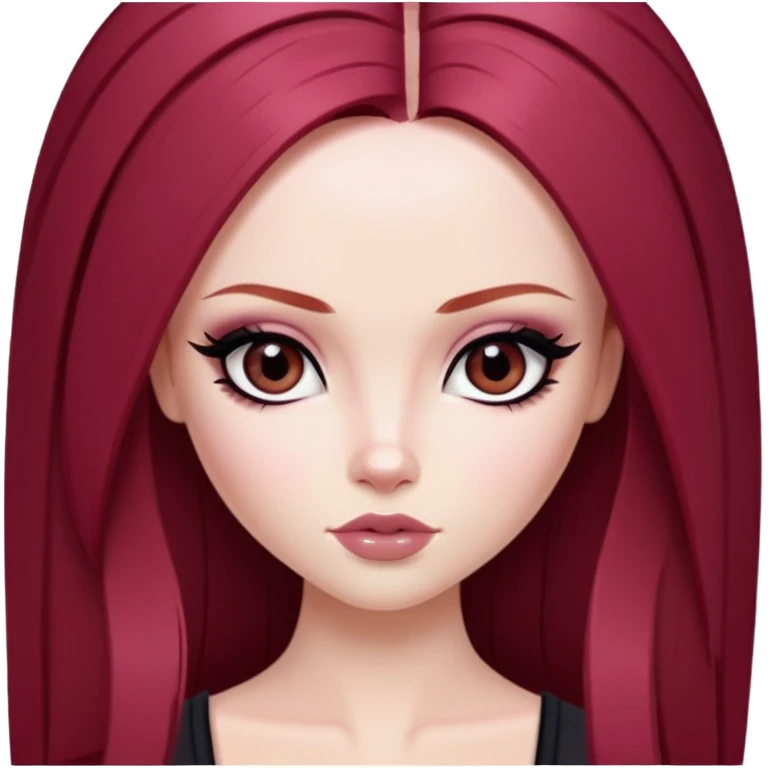straight long wine red hair, pale skin, dark black eyes, pretty bratz baddie, black eyeliner, blush emoji
