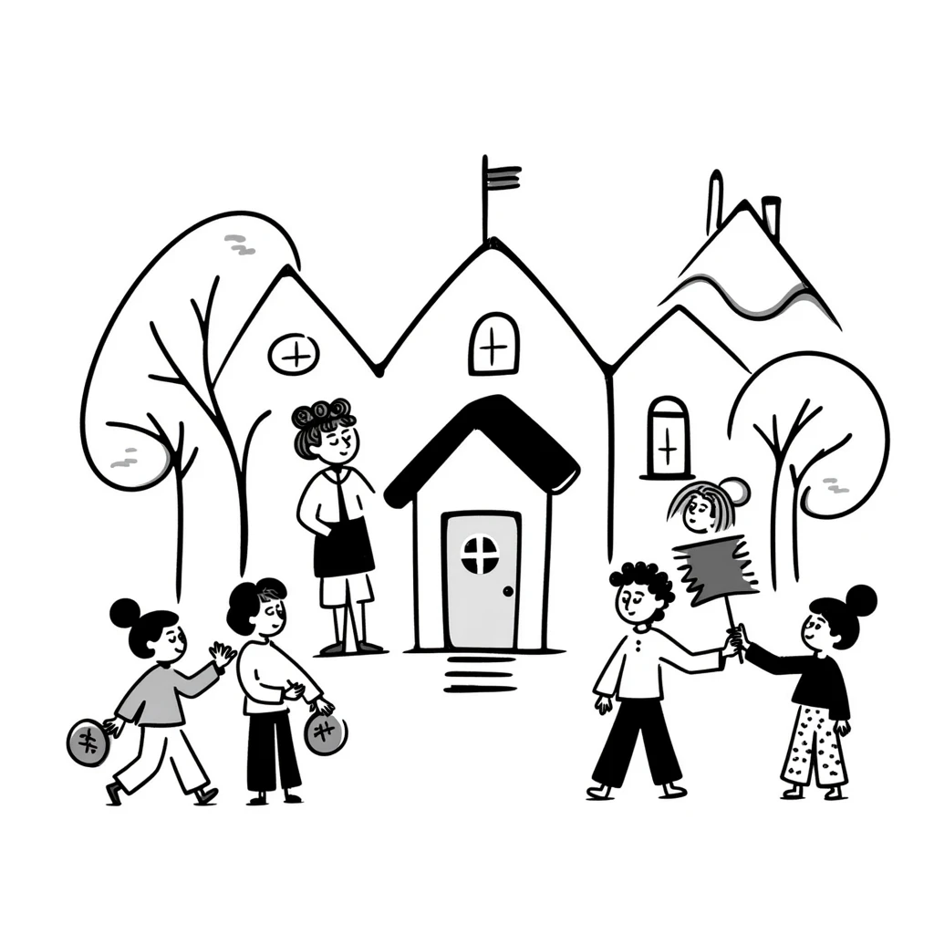 doodle style village life with hand-drawn houses, trees, and people emoji