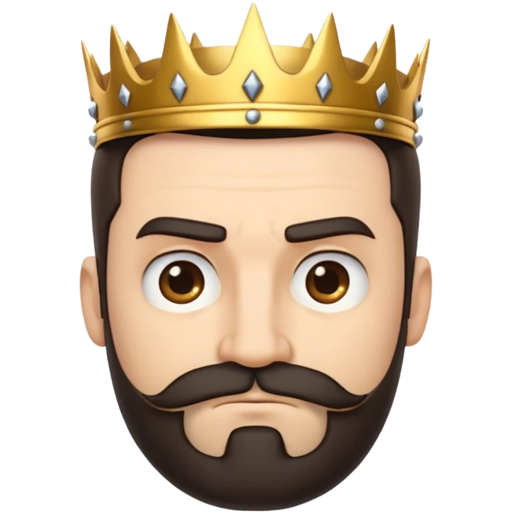 Create a cartoon-style emoji of a man with the following characteristics:

Serious and slightly skeptical expression with furrowed eyebrows and a slight frown.
Dark beard and mustache, neatly trimmed.
Short hair on the sides with slightly longer hair on top, styled naturally.
Wearing a golden crown with spikes and rounded tips.
Intense, thoughtful gaze looking slightly off-camera.
Bold outlines and simplified facial features, maintaining a fun and playful emoji style.
Transparent background, suitable for use as a digital sticker or emoji. emoji