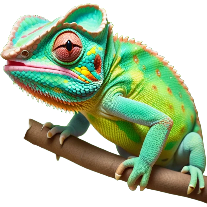 cinematic giant-tongue out chameleon-realistic emoji, mouth wide open with tongue out, -blending-with-vibrant-greenery.-detailed-scales-in-shifting-colors,-showing-the-chameleon’s-ability-to-camouflage.-soft-natural-light-highlights-its-texture.-light-background, zoomed into its face emoji