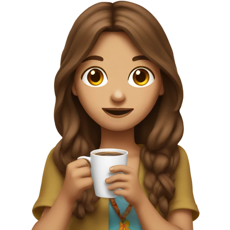 hippie girl with brown hair drinking coffee and holding up peace sign emoji