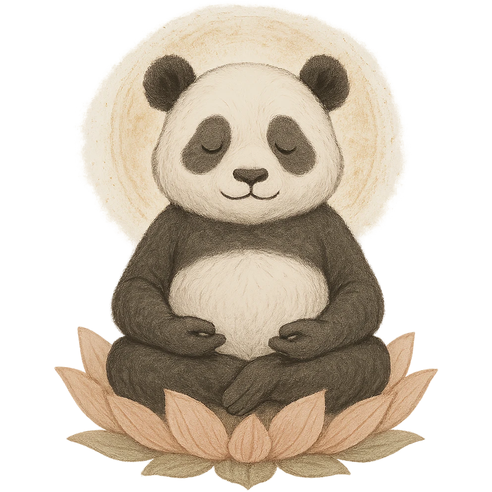 panda sitting cross-legged on a lotus, eyes closed, with a gentle aura, symbolizing rest and wisdom, in a serene and harmonious style emoji