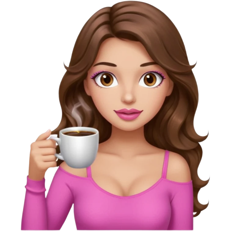 girl with long wavy brown hair, brown eyes, light to medium complexion, in a pink sexy top, pink lips, long lashes, sipping coffee emoji