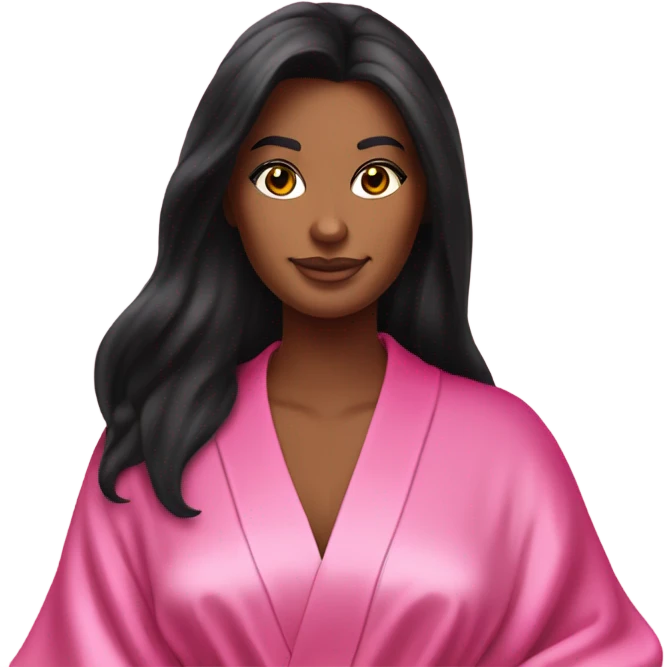Tanned woman with long black hair wearing a silk pink Victoria’s Secret robe emoji