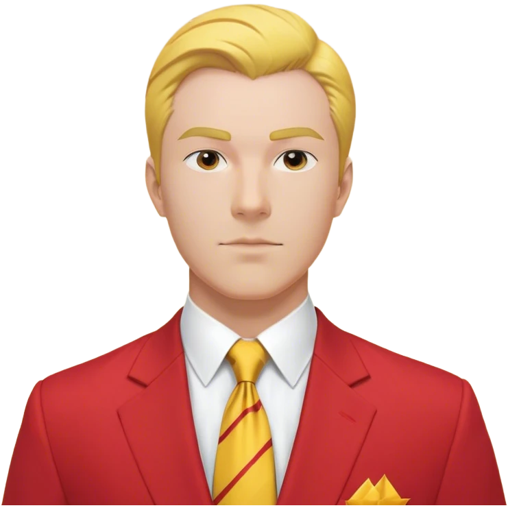 "A bust of a professional man dressed in a red and yellow business suit, symbolizing career opportunities and success. He has a confident expression, short well-groomed hair, and a sharp, determined look. The suit consists of a red blazer with yellow accents, a neatly buttoned yellow dress shirt, and a red tie. A bright upward arrow (📈) is positioned beside him, representing career growth. The man’s bust is stylized with clean lines, focusing on his upper torso and face. The background is plain white, maintaining a professional and modern business-themed design. emoji