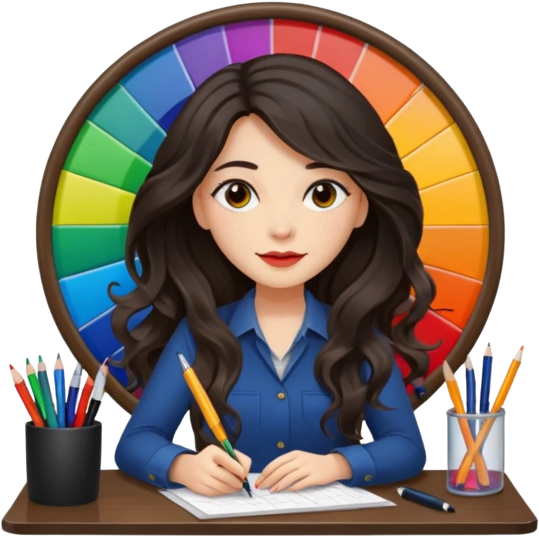 female dark wavy long hair graphic designer , big color wheel behind , pens, papers, desktop emoji