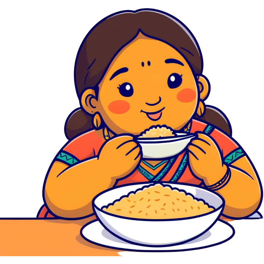 A brown Fat Indian girl with a big nose and forehead eating rice  emoji