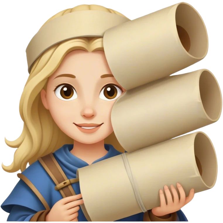 painter happy  girl with big rolled up plans, medieval age emoji