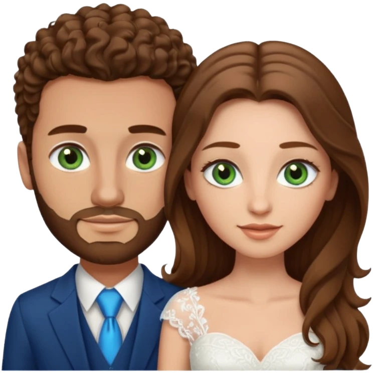 wedding couple, woman has long straight brown hair and green eyes, man has short light brown curly hair and facial hair with blue eyes emoji