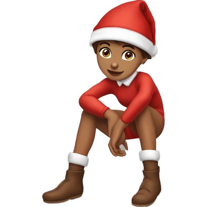 Girl with brown short hair in red elf hat in a sitting knees up holding her knees while wearing a red bodysuit ￼ emoji