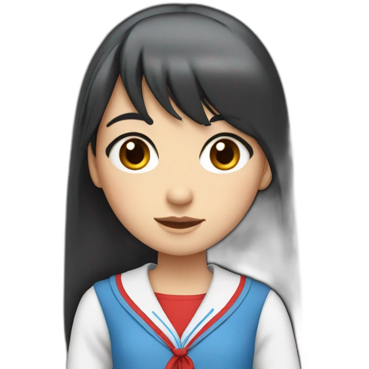 girl with long black hair, thick bangs, blue eyes, red school uniform emoji