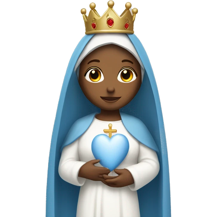 holy mary with a crown, blue veil, white clothes, holding a heart in her hands emoji