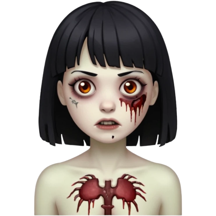 Um zumbi feminino, com cabelo preto e franja, machucados pelo rosto e torso emoji