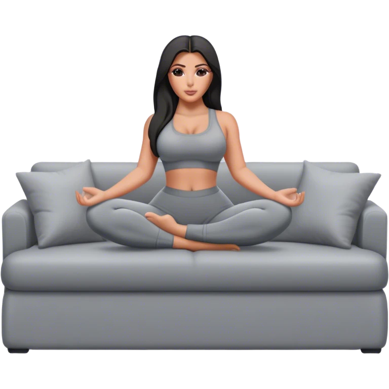hyper-realistic kim kardashian in gray yoga pants on couch comfy emoji