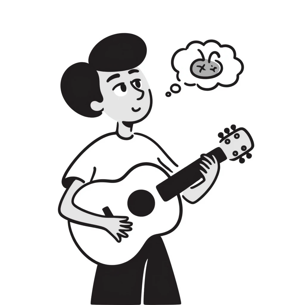 Close-up of a musician's face and torso, holding a guitar, looking up at the sky with a sad and worried expression, with a small thought cloud above showing something causing concern emoji