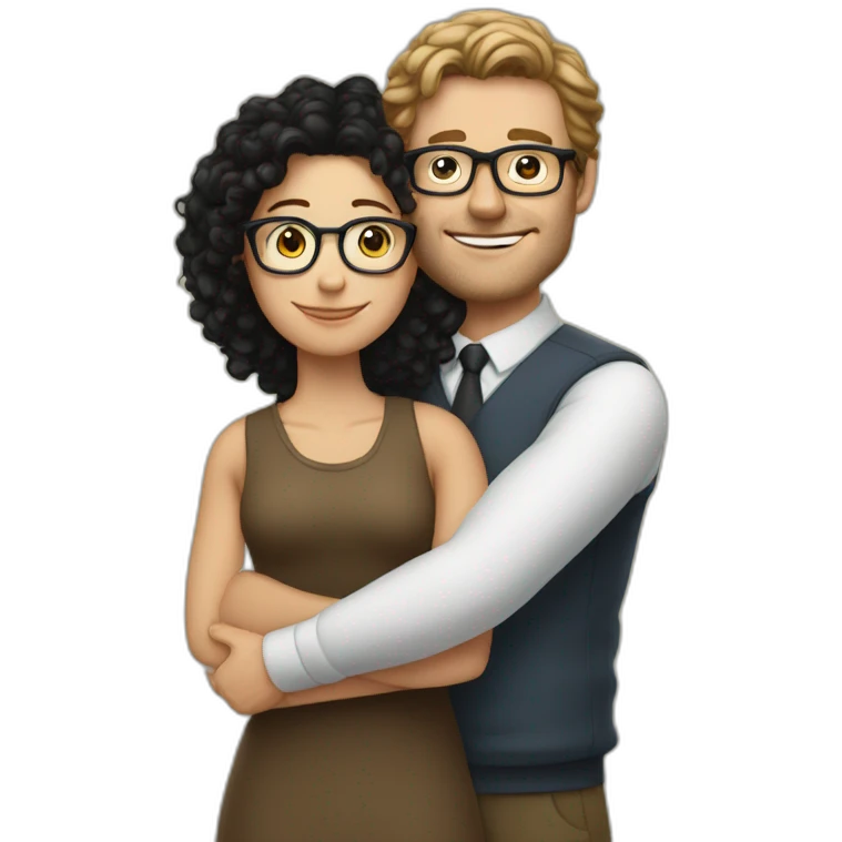 tall white man with black curly hair hugging white woman with glasses and brown straight hair emoji