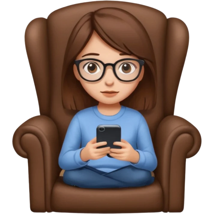 Menina de cabelos castanhos e óculos sentada numa poltrona olhando o smartphone  emoji