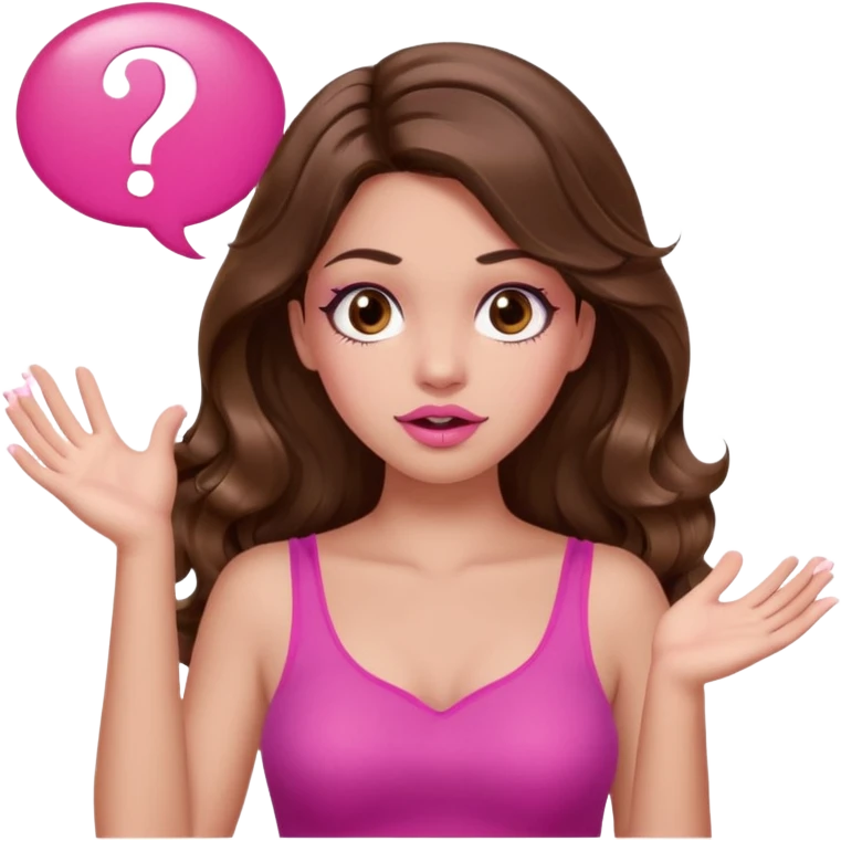 girl with long wavy brown hair, brown eyes, long lashes makeup, sexy pink lips, light to medium complexion, pink sexy top, two hands up, shrugging, confused question mark bubble sign emoji