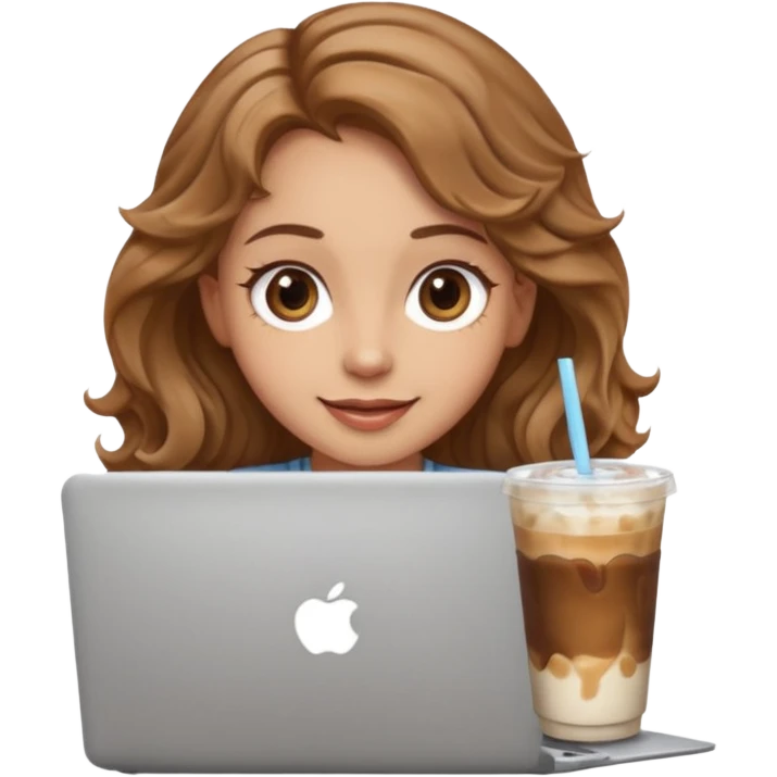 Women in front of laptop with a happy face, light brown wavy hair, light brown big eyes, light skin with a iced coffee on the side emoji