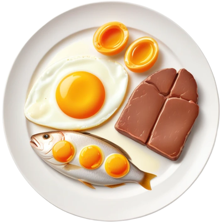 A plate with liver, egg yolk, butter and fish, with vitamin A nutrition labels emoji
