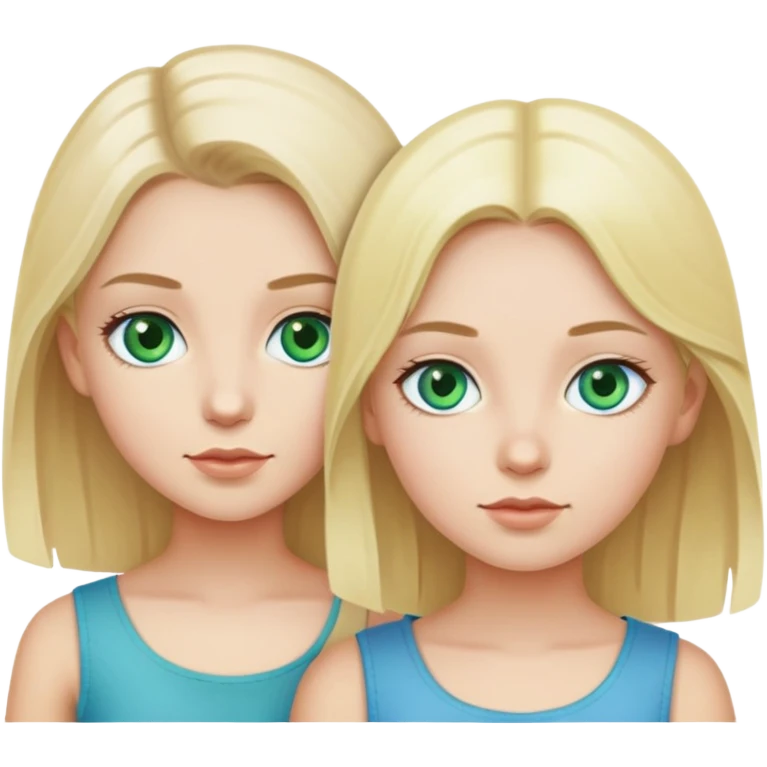2 twins girls, one blond with blue eyes, and one dark haired with green eyes emoji