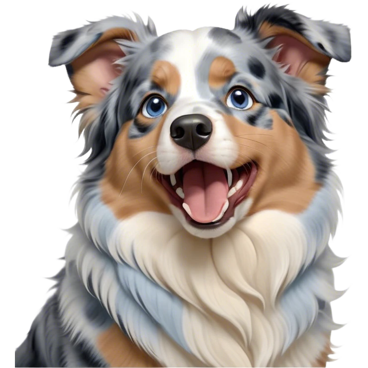 Cinematic Cute Yawning Tan Point Blue Merle Australian Shepherd Portrait Emoji, Head tilted slightly with a dramatic, wide-open yawn, soft blue merle fur with prominent tan points and crisp white accents, floppy ears slightly drooping, round blue eyes barely open in drowsy contentment, Simplified yet irresistibly adorable features, highly detailed, glowing with a soft, cozy glow, high shine, relaxed yet expressive, stylized with a touch of whimsy, bright and endearing, soft glowing outline, capturing the essence of a sleepy yet affectionate pup, so drowsy it feels like it could stretch right out of the screen and curl up for a nap! emoji