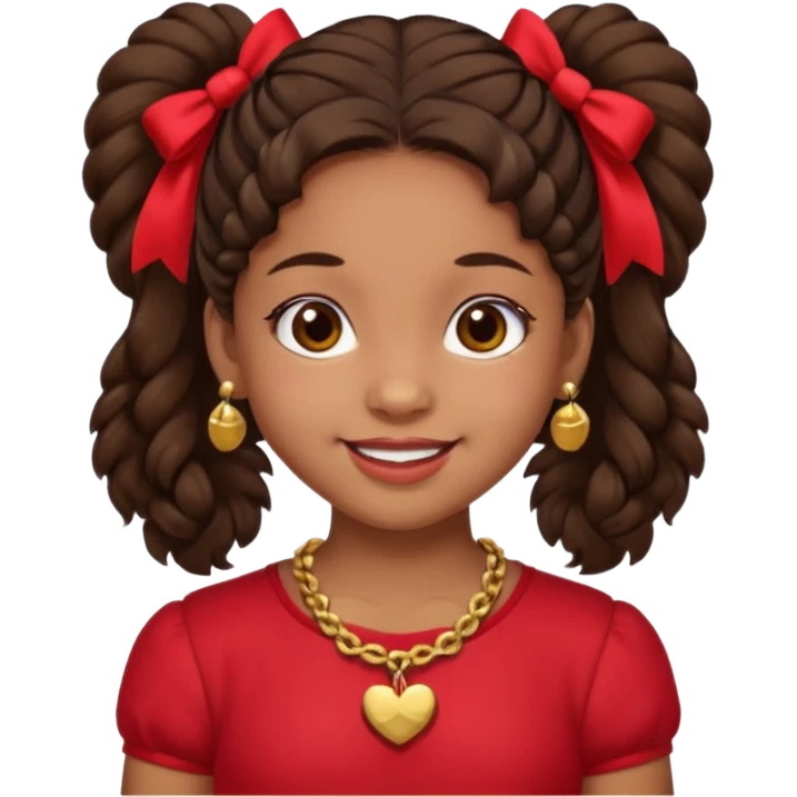Brownskin girl dark brown hair fluffy. pigtails with red bows brown eyes smiling closed mouth red shirt gold esrrings gold necklace emoji
