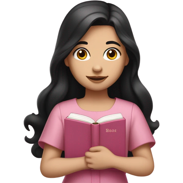 girl with long dark black hair, white skin, with Christian style, a pink dress, a bow in her hair and a pink Bible in her hand emoji
