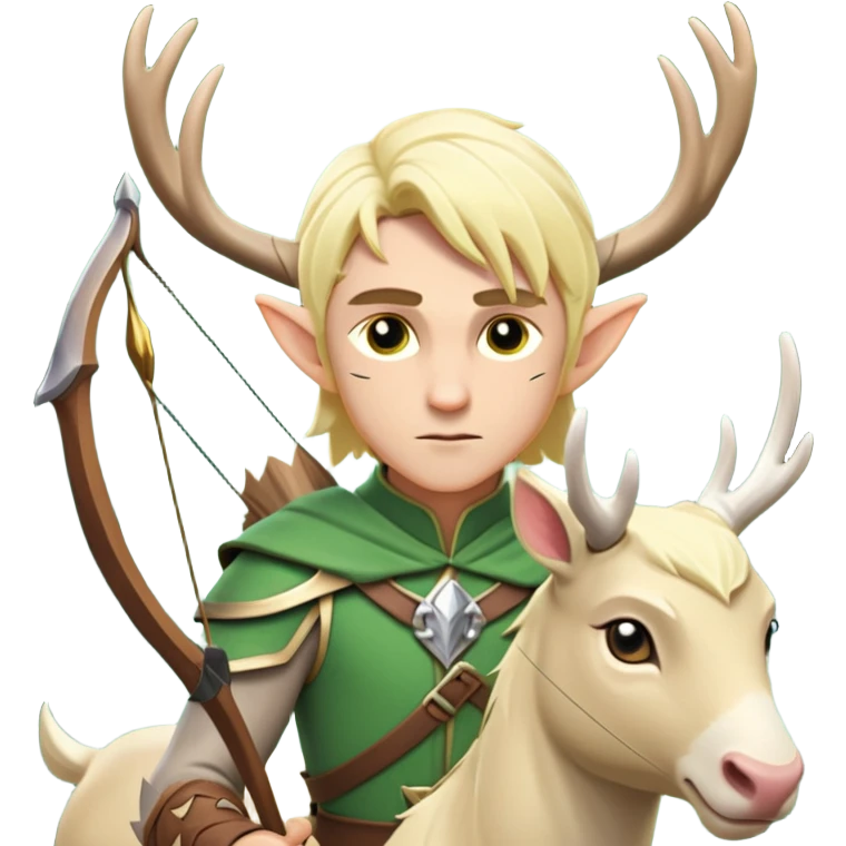 clash-of-clans-aesthetic-blond-male elf-archer-portrait-emoji, rendered in a flat, vector-style with minimal shading and bold, simplified shapes, head tilted slightly forward with a determined, focused expression, riding a majestic white stag whose antlers glow with mystical energy, set against an ancient, enchanted forest backdrop. emoji
