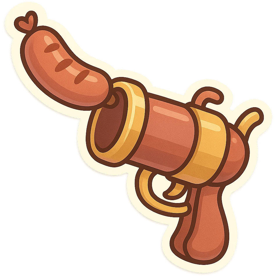 a sausage gun, whimsical and exaggerated, cartoon style, fun and playful emoji