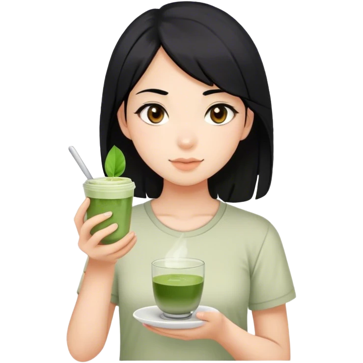Girl with black hair, brown eyes, with shirt and Matcha in the hand emoji